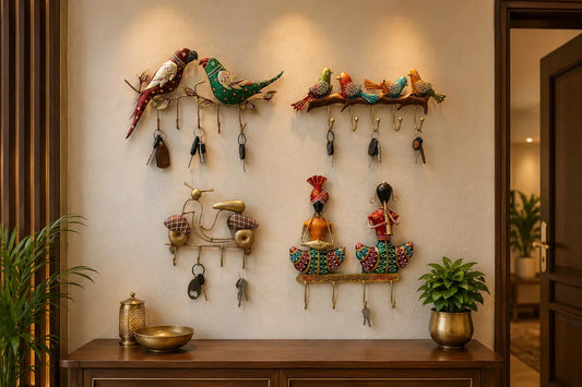 Handcrafted metal key holder for wall by KRAPHY styled in Indian home entryway
