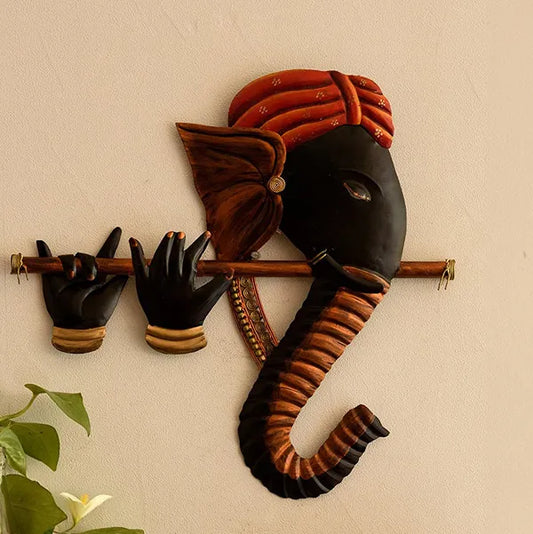 Kraphy Wrought Iron Ganesha Playing Flute Basuri Wall Art