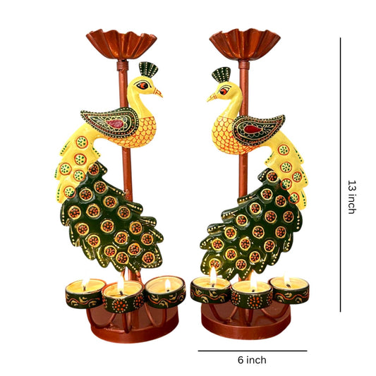 Metal Peacock Diya Candle Holder Set Of 2 13 Inch