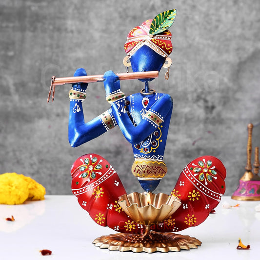 Metal Krishna Showpiece - Hand painted Flute Krishna