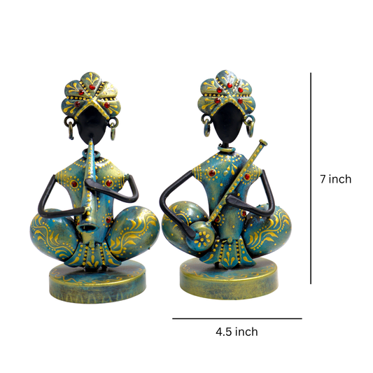 KRAPHY Rustic Blue Sitting Musician Couple Showpiece S/2 | 7Inch