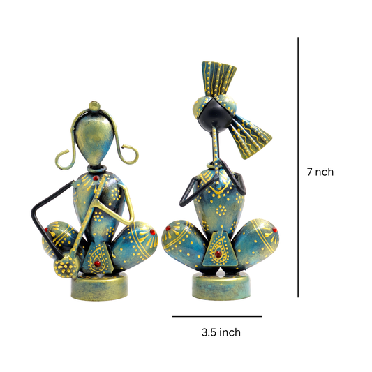 KRAPHY Rustic Blue Sitting Musician Couple Showpiece Set of 2 7 inch