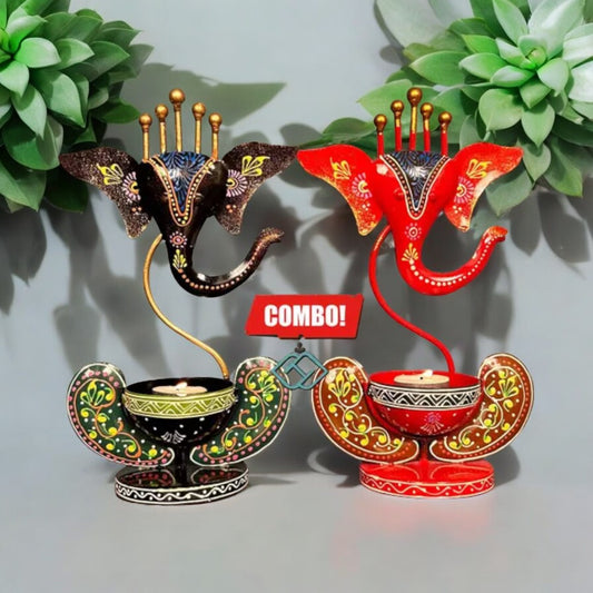 Ganesha T light Combo Set of two Red And Brown Table Décor