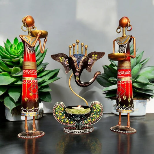 Ganesha T light combo Iron Tribal Lady showpieces Ladies Doll Figurine Statue Decorative Items