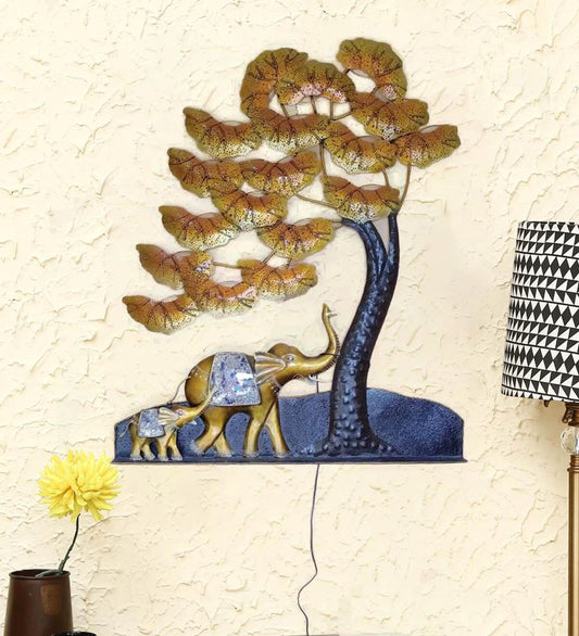 Metal Wall Art Tree of Life With Elephant Back LED Lights