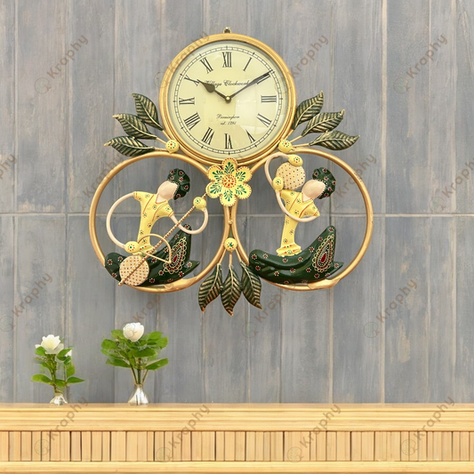 Green Metal Wrought Iron Musician Wall Hanging With Clock