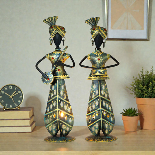 KRAPHY Rustic Blue Metal Rajasthani Musician Couple Showpiece | 12 Inch