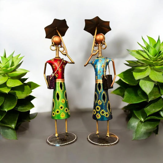 Kraphy Metal Fashion Dolls with Umbrella Statue Decorative Showpiece Set OF 2