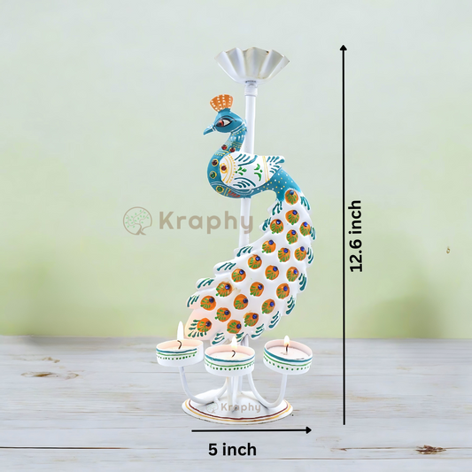 Kraphy Metal White peacock T light candle holder showpiece