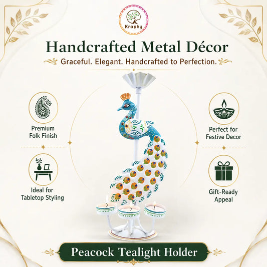 Kraphy Metal White peacock T light candle holder showpiece