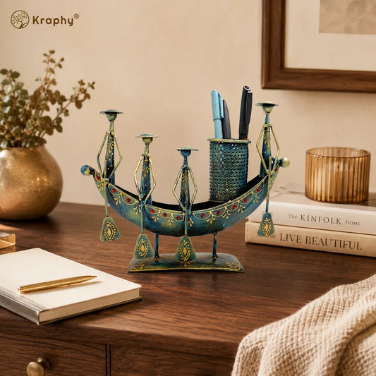 Metal Boat Pen Holder Showpiece Rustic Blue 10 Inch