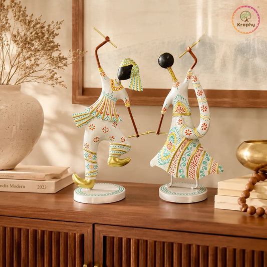 Metal Dandiya Dancing Couple Showpiece Set of Two White Finish (12.5 Inch)