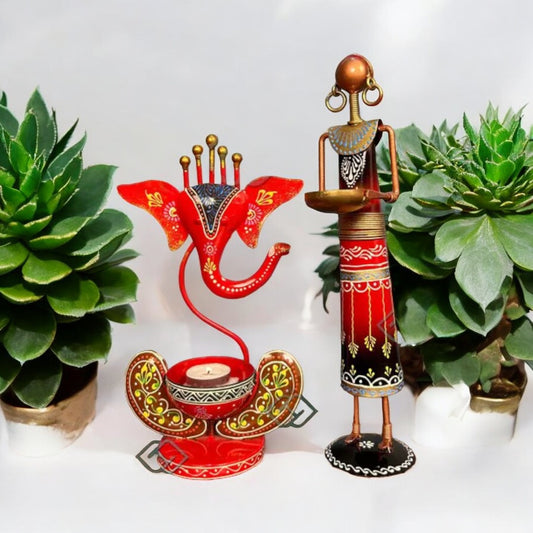 Combo Kraphy Metal Iron Tribal Lady showpieces And Ganesha Tea Light Showpieces