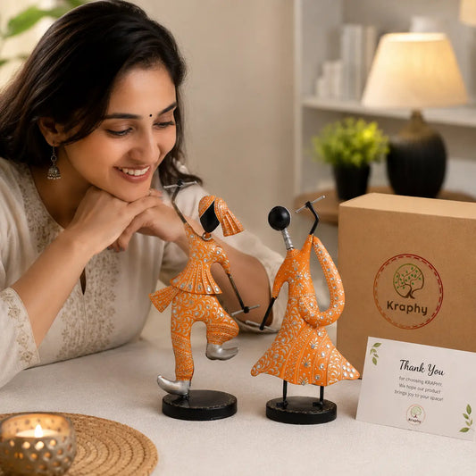 (Pack Of 2) Orange Iron Musician Playing Garba Dandiya Showpiece
