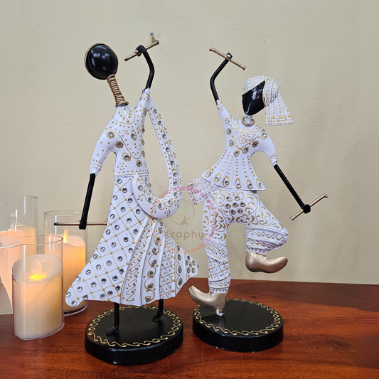 (Pack Of 2) White Iron Musician Playing Garba Dandiya Showpiece