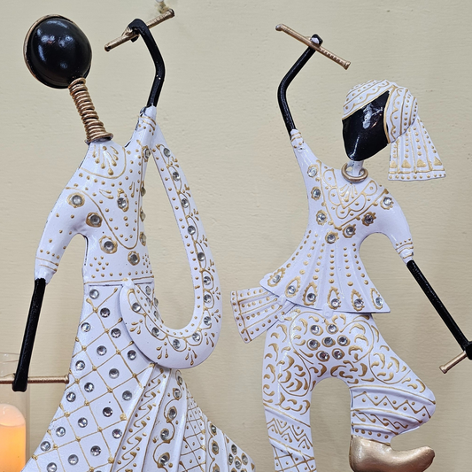 (Pack Of 2) White Iron Musician Playing Garba Dandiya Showpiece