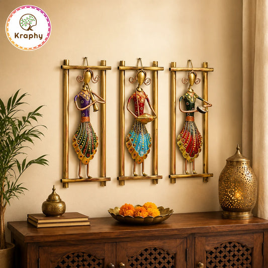 (Pack Of 3) Kraphy Metal Wall Art Wrought Iron Rajasthani Musician