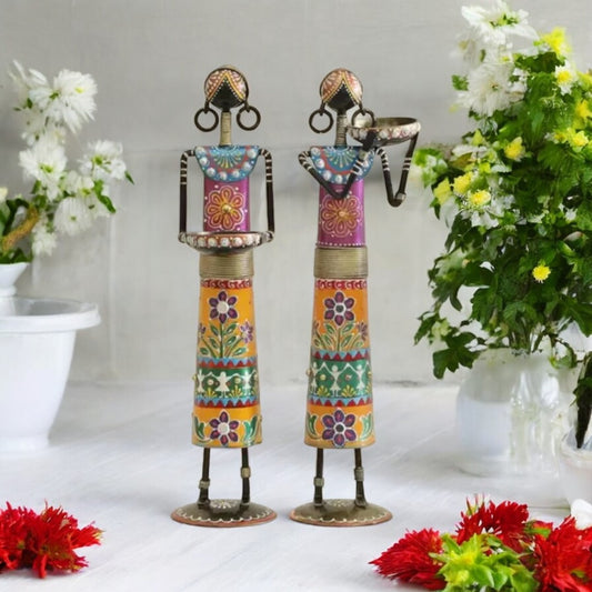 (Pack of 2) Multicolor Metal Wrought Iron Tribal Lady showpieces Items