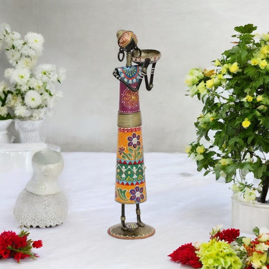 (Pack of 2) Multicolor Metal Wrought Iron Tribal Lady showpieces Items