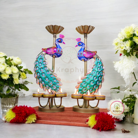 (Pair) Kraphy Metal peacock T light candle holder showpiece