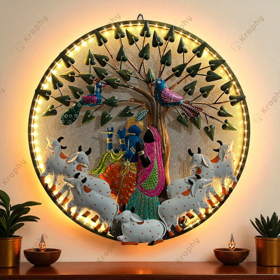 Handmade Radha Krishna Metal Wall Art with LED – Kraphy – KRAPHY