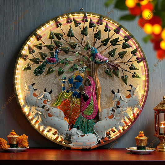 Radha Krishna with Cows Under Tree Metal Wall Art – 24 Inch
