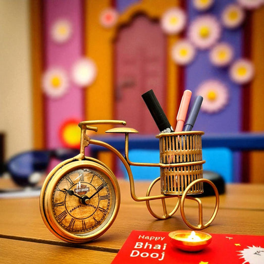 Metal Bicycle Pen Holder with Clock 8.5 Inch