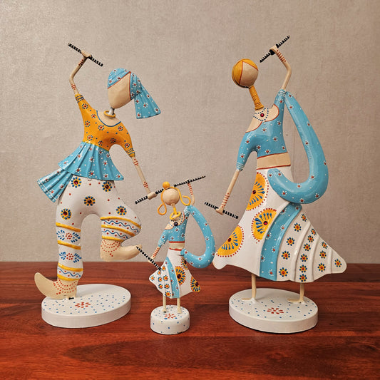 Handcrafted Tribal Dance Trio Sculpture - Vibrant Metal Art for Home Decor (Set of 3)