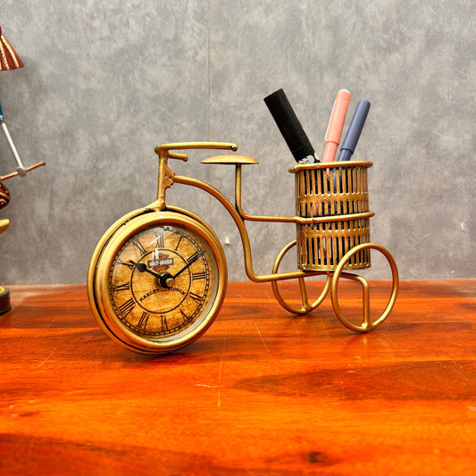 Metal Bicycle Pen Holder with Clock 8.5 Inch