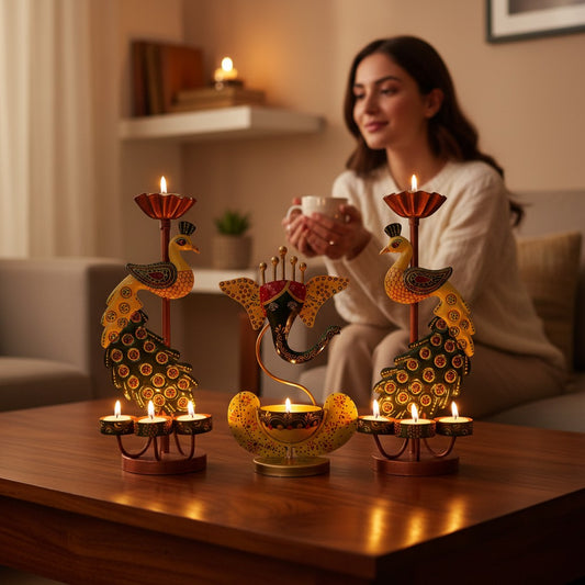 Metal Peacock Candle Holder Set with Ganesh Diya for Home Decor (Pack of 3) 13 Inch