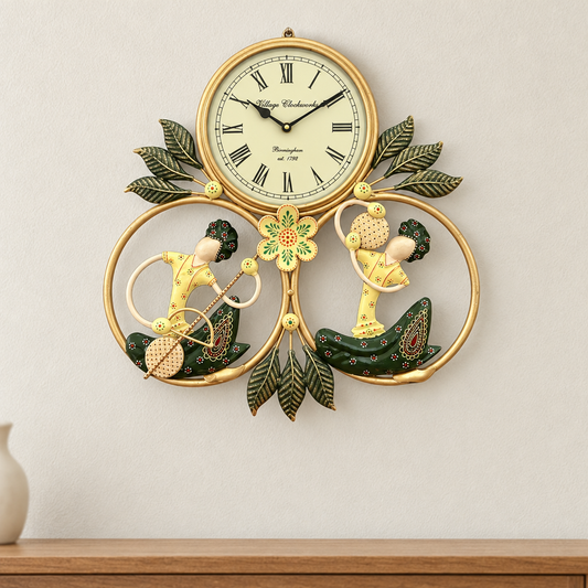 Green musician metal wall hanging with clock displayed on an ivory wall above a wooden console with a small vase.