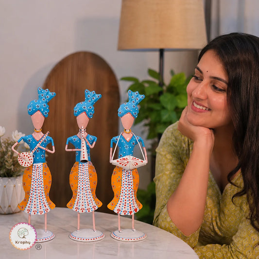 Rajasthani Musician Trio Metal Showpiece | Traditional Folk Art | 13 Inch – Kraphy