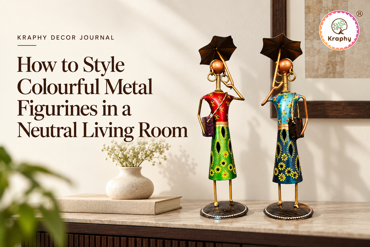 How to Style Colourful Metal Figurines in a Neutral Living Room