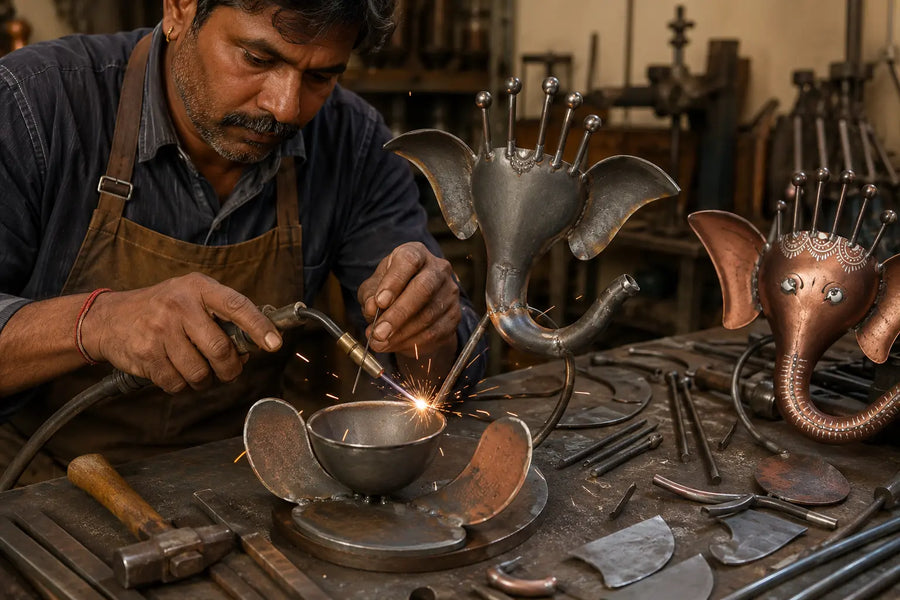 Lohar artisan making KRAPHY metal decor structure