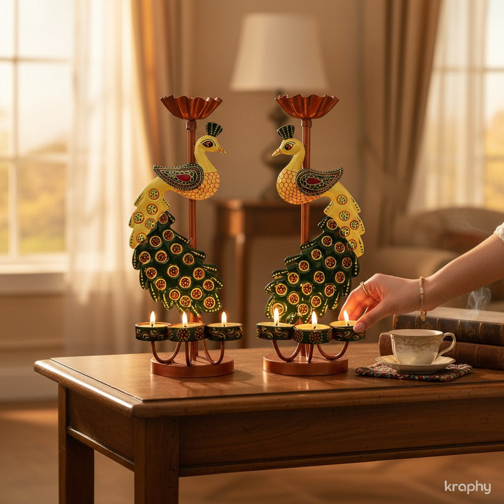 Metal Peacock Diya Candle Holder Set Of 2 13 Inch