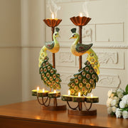 Metal Peacock Diya Candle Holder Set Of 2 13 Inch