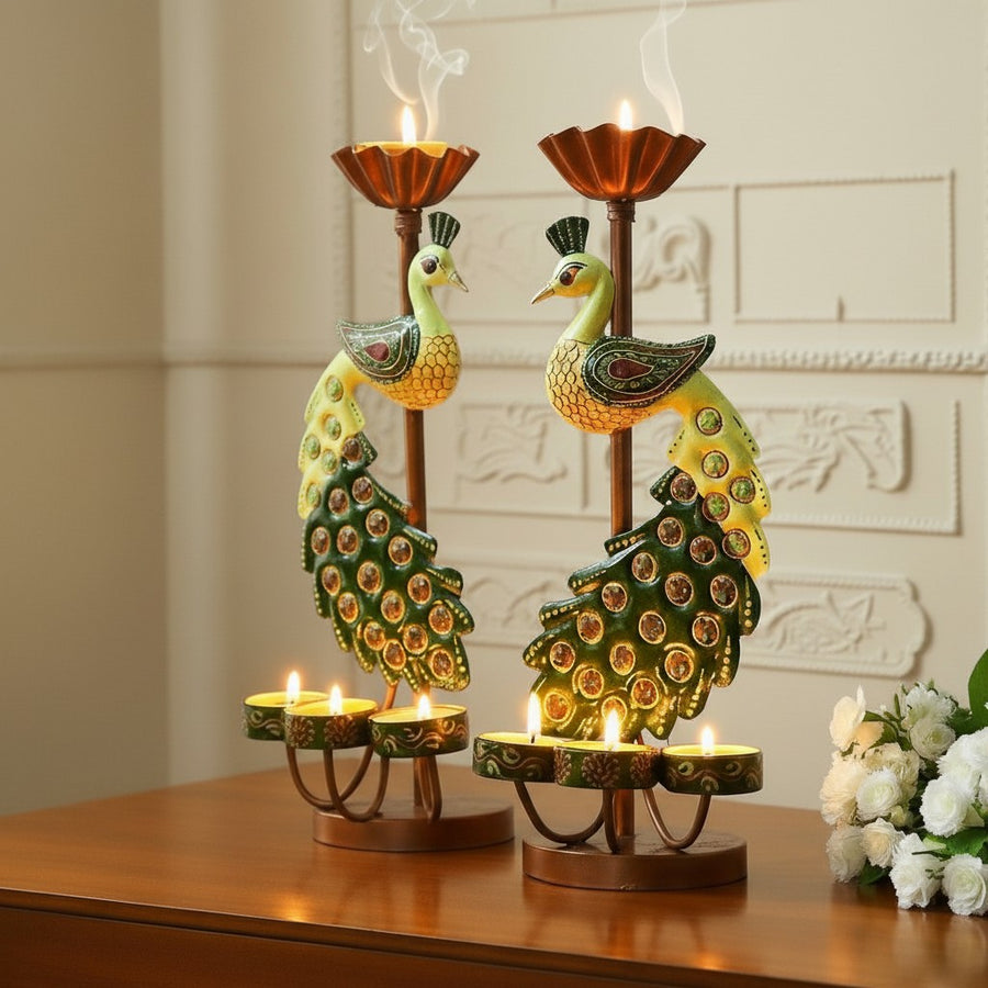 Metal Peacock Diya Candle Holder Set Of 2 13 Inch