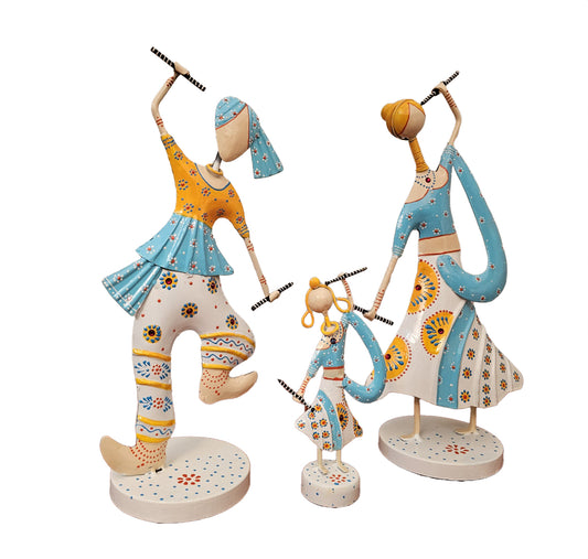 Handcrafted Tribal Dance Trio Sculpture - Vibrant Metal Art for Home Decor (Set of 3)