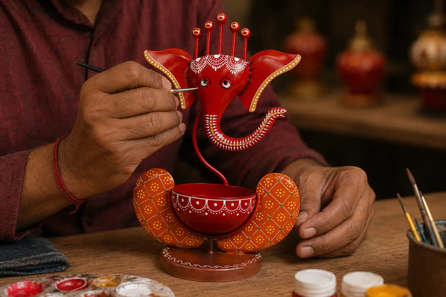Painter hand painting KRAPHY metal decor with small brush
