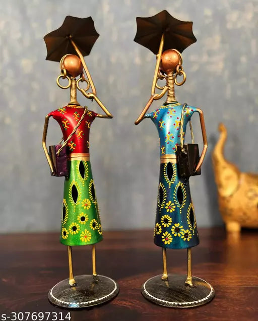 Kraphy Metal Fashion Dolls with Umbrella Statue Decorative Showpiece Set OF 2