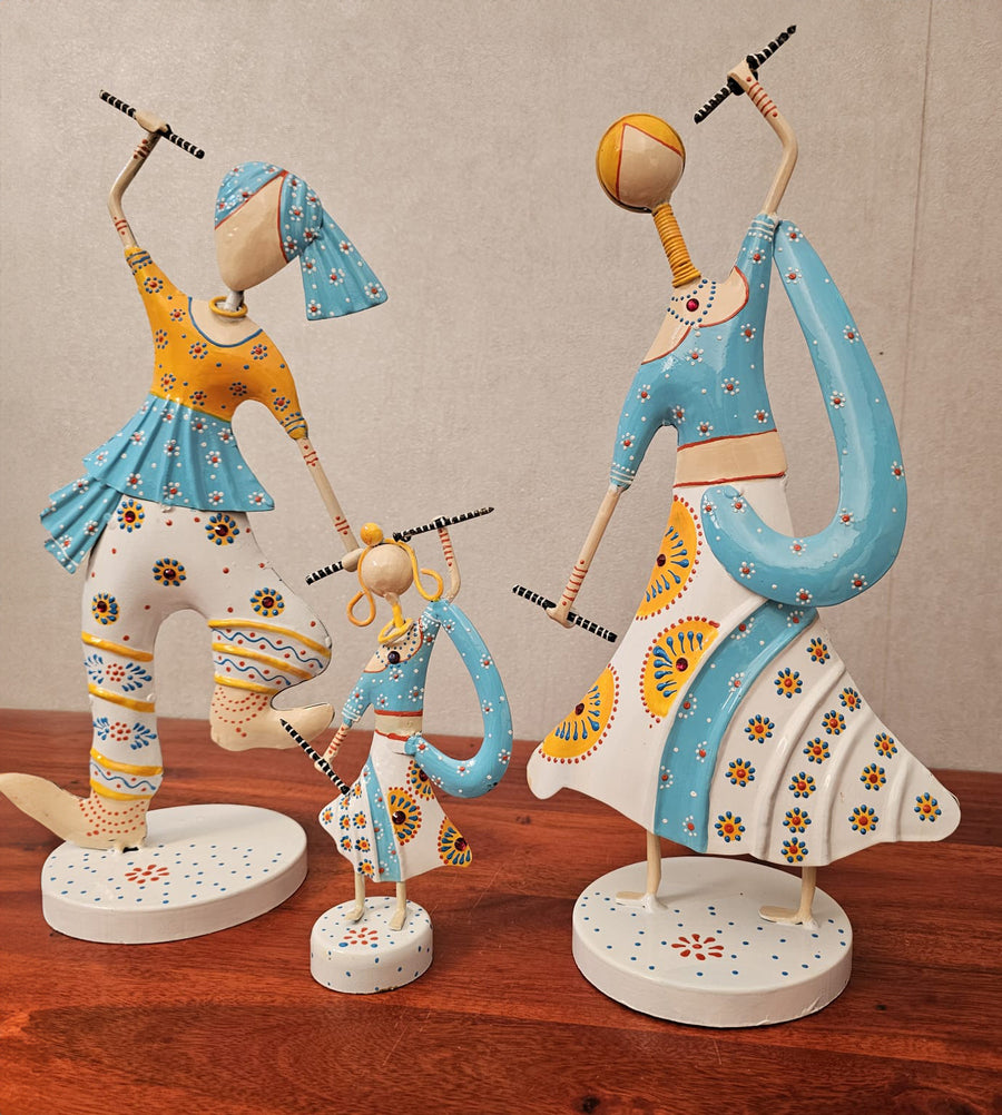 Handcrafted Tribal Dance Trio Sculpture - Vibrant Metal Art for Home Decor (Set of 3)