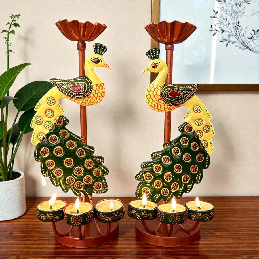 Metal Peacock Diya Candle Holder Set Of 2 13 Inch