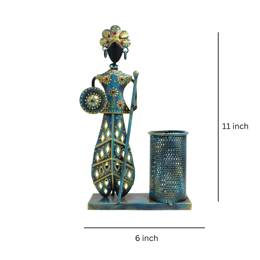 Handmade Tribal Musician Metal Pen Stand with Holder | 11 Inch