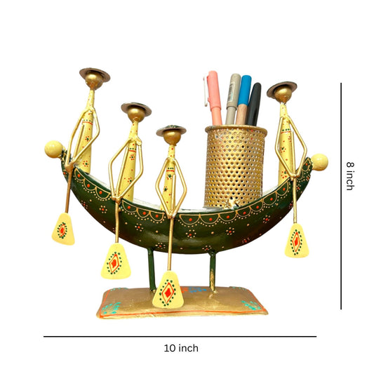 Metal Tribal Boat Pen Stand Showpiece for Table Decor 10 Inch