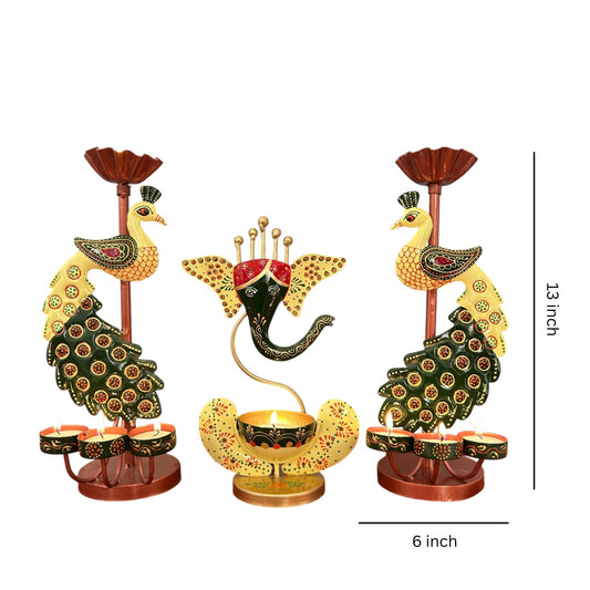 Metal Peacock Candle Holder Set with Ganesh Diya for Home Decor (Pack of 3) 13 Inch