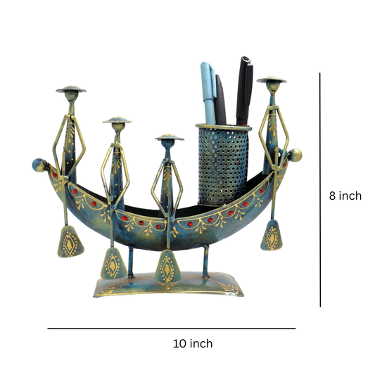 Metal Boat Pen Holder Showpiece Rustic Blue 10 Inch