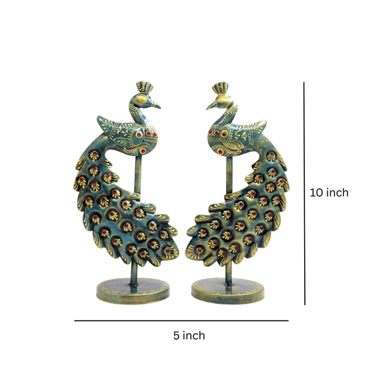 Metal Peacock Showpiece Set of 2 | Decorative Peacock (10 x 5 Inch)
