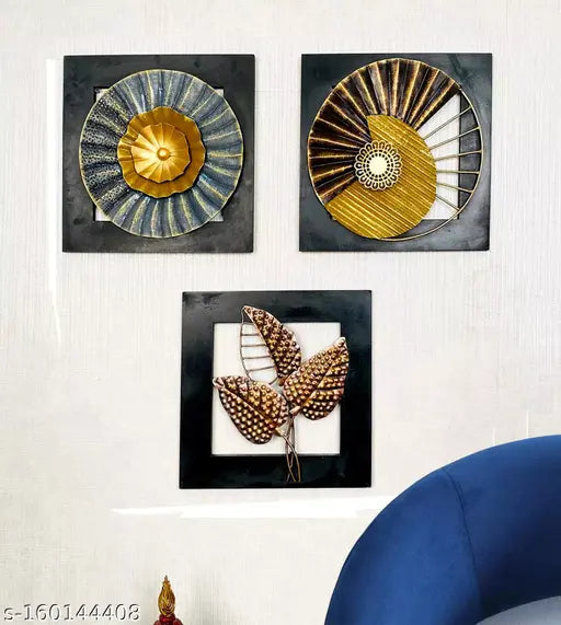 Iron Metal and MDF Wood Wall Framed Leaf Wall Art Set Of Three