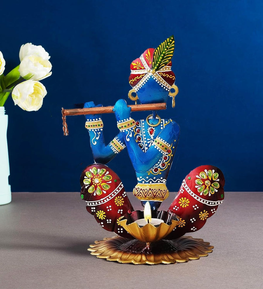 Metal Krishna Showpiece - Hand painted Flute Krishna