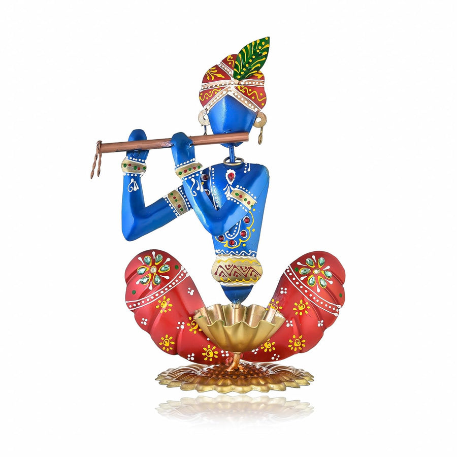 Metal Krishna Showpiece - Hand painted Flute Krishna